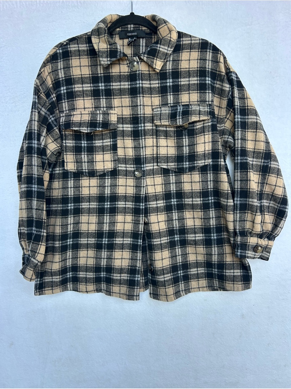Forever 21 Plaid Flannel Shacket Shirt Jacket Tan Black Size M